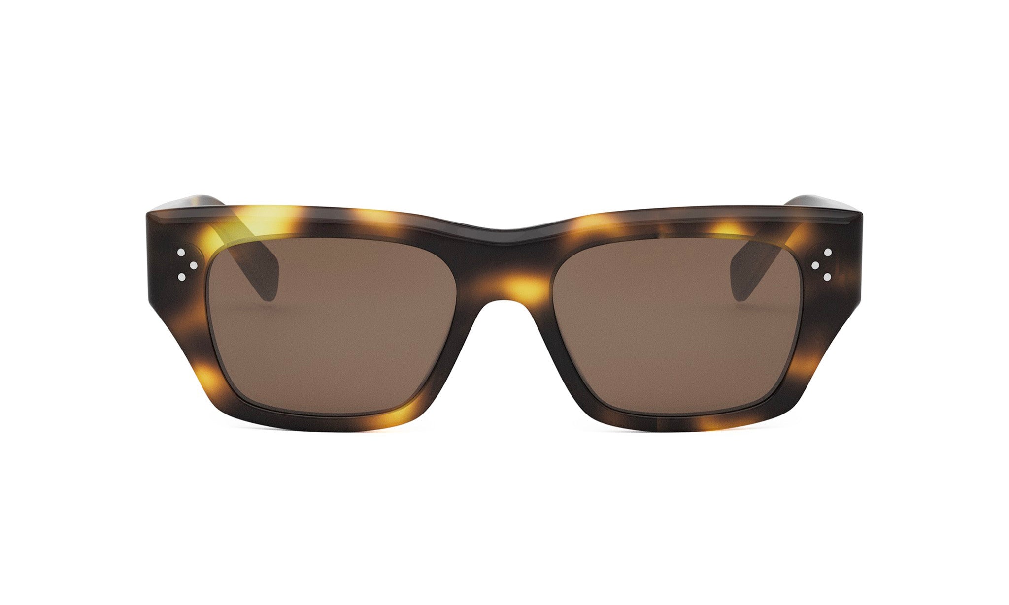 A pair of tortoiseshell sunglasses with dark brown frames and dark brown lenses.