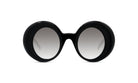 A pair of black, round sunglasses with a gradient lens design.