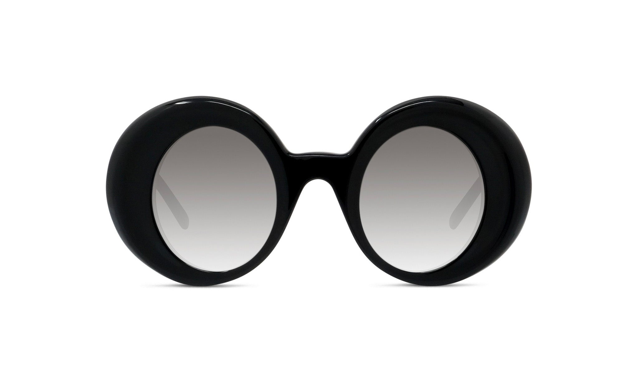 A pair of black, round sunglasses with a gradient lens design.