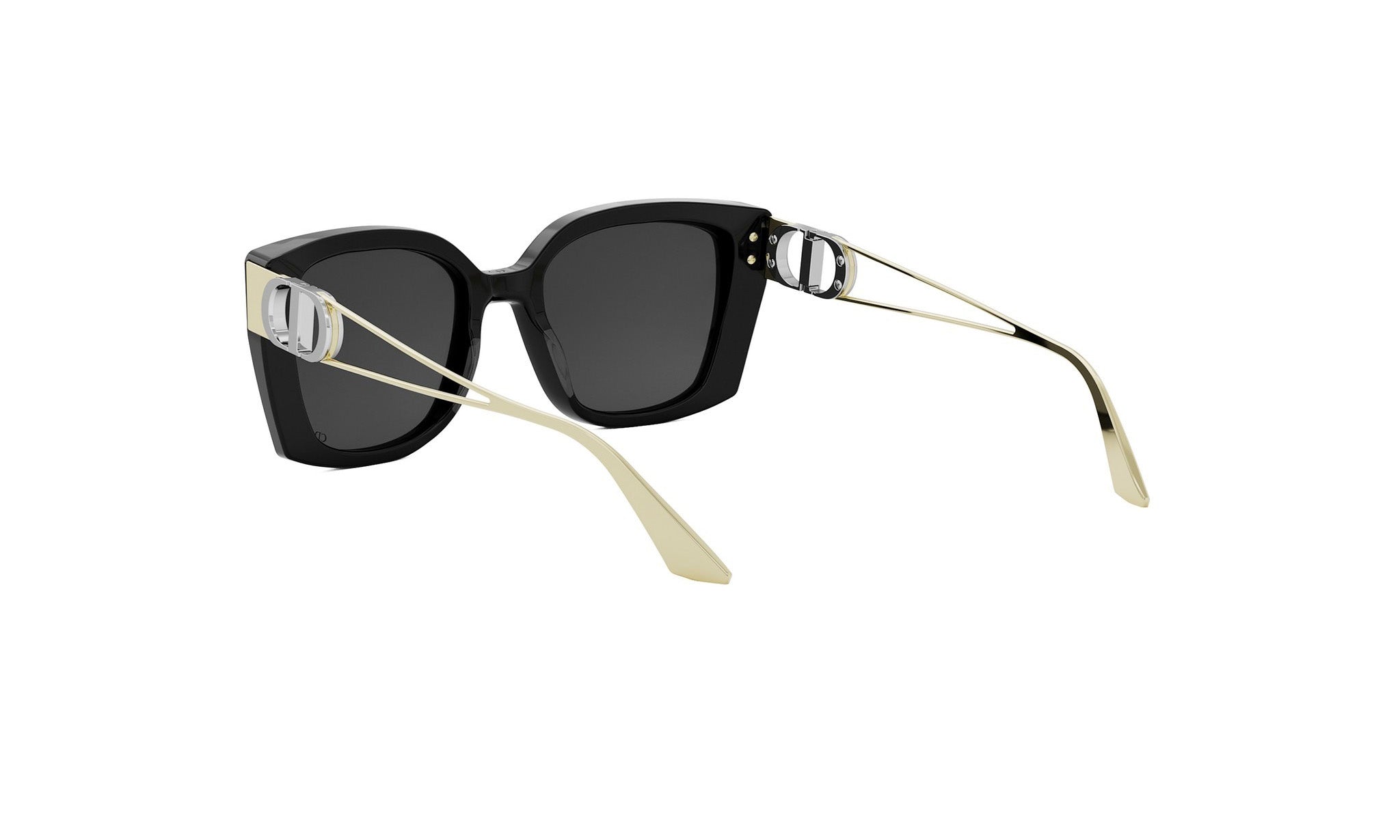 A pair of black sunglasses with gold accents, featuring a Dior logo on the temples.