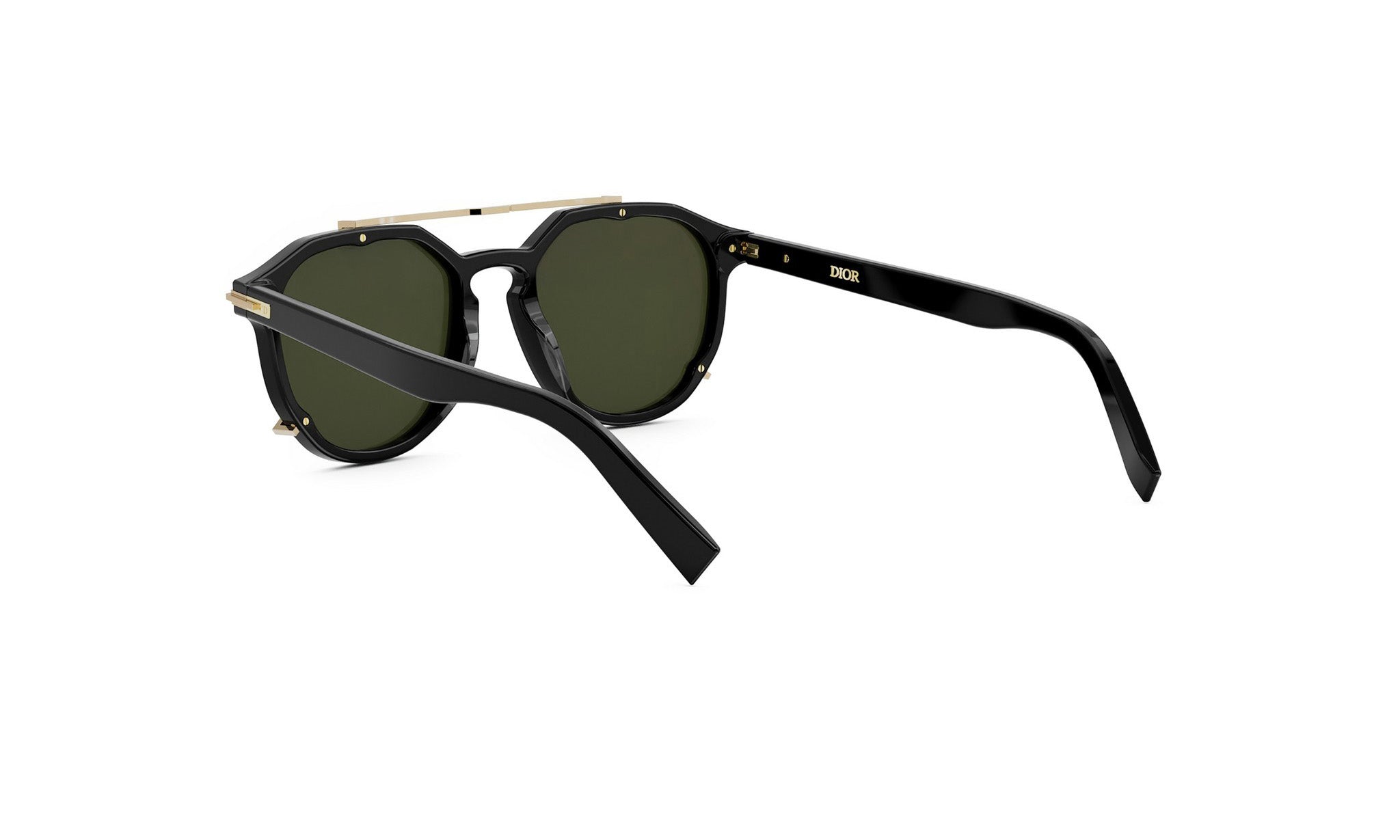 A pair of black sunglasses with dark green lenses.