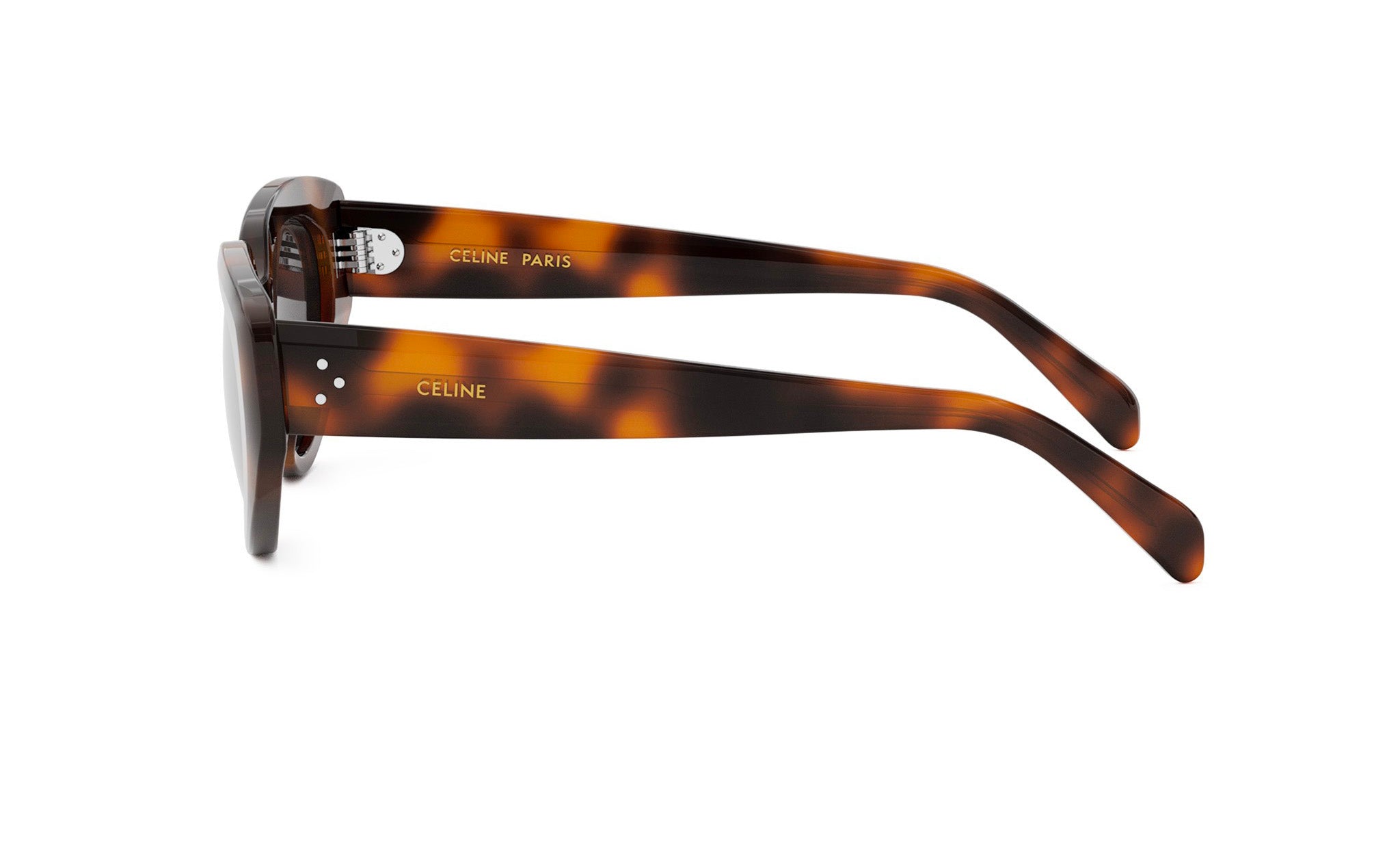 A pair of sunglasses with a tortoiseshell frame and the Celine logo on the temples.