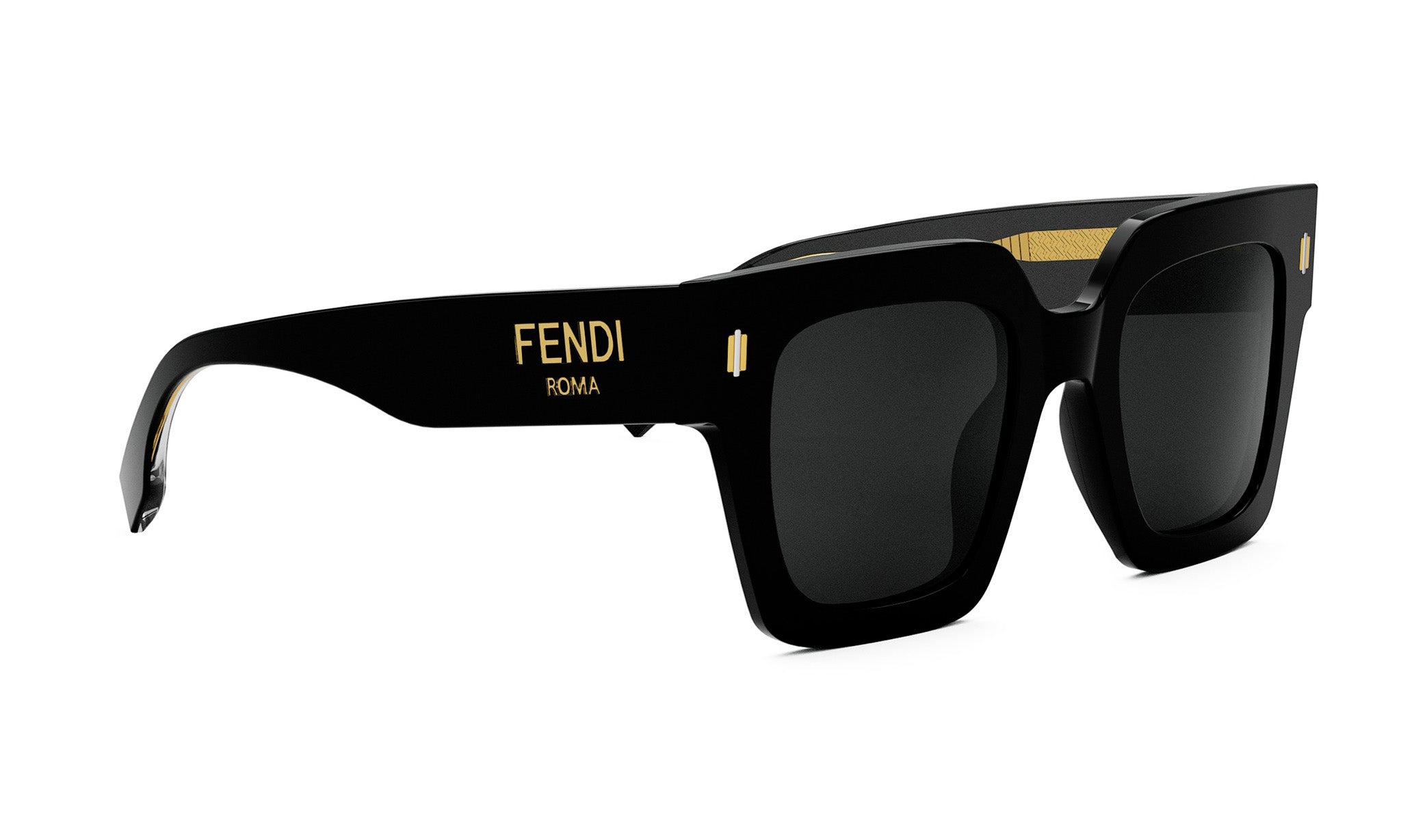 A pair of black Fendi sunglasses with gold accents.