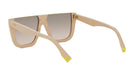 A pair of tan-colored sunglasses with yellow accents, featuring a sleek and modern design.