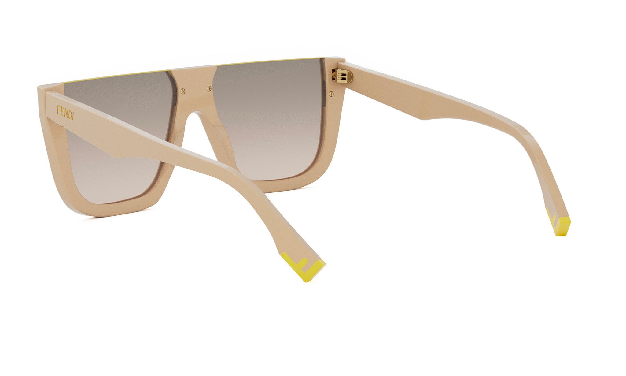 A pair of tan-colored sunglasses with yellow accents, featuring a sleek and modern design.