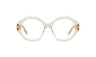 A pair of clear, round-framed glasses with gold-colored temples.