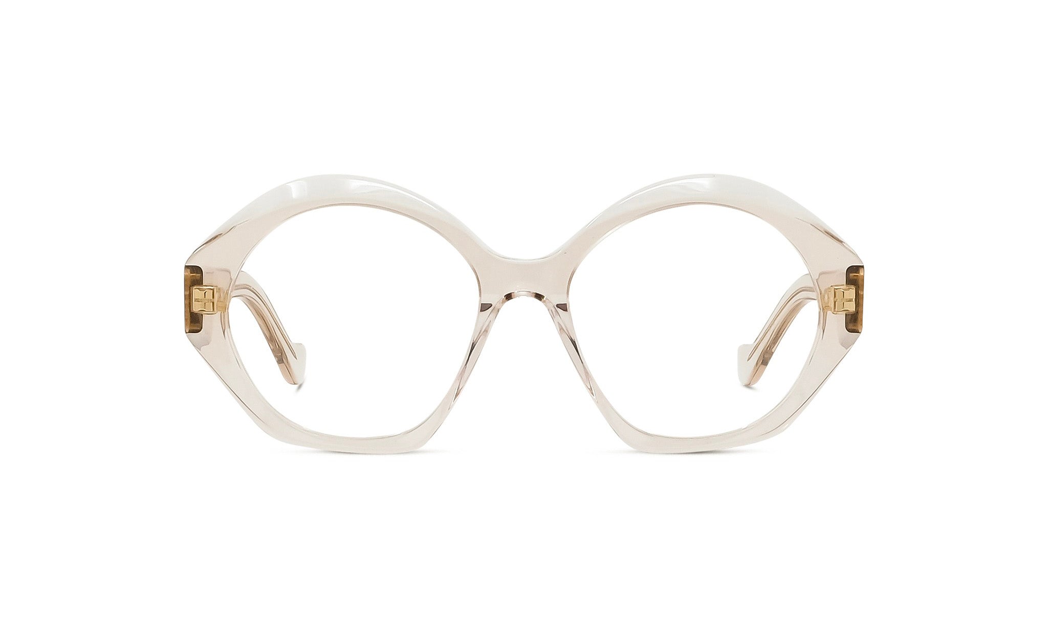 A pair of clear, round-framed glasses with gold-colored temples.