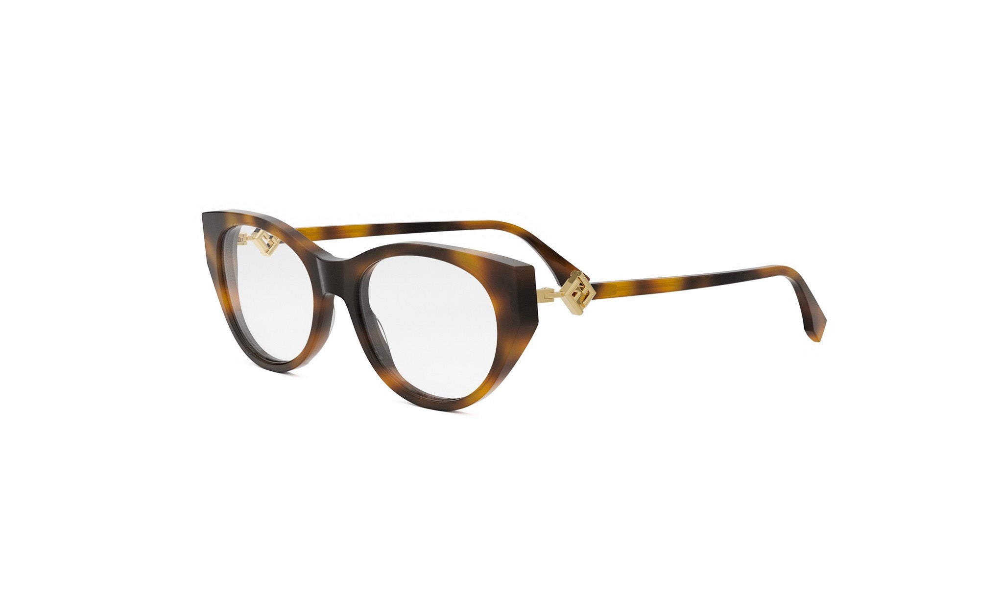 A pair of tortoiseshell-framed glasses with gold accents, displayed against a white background.