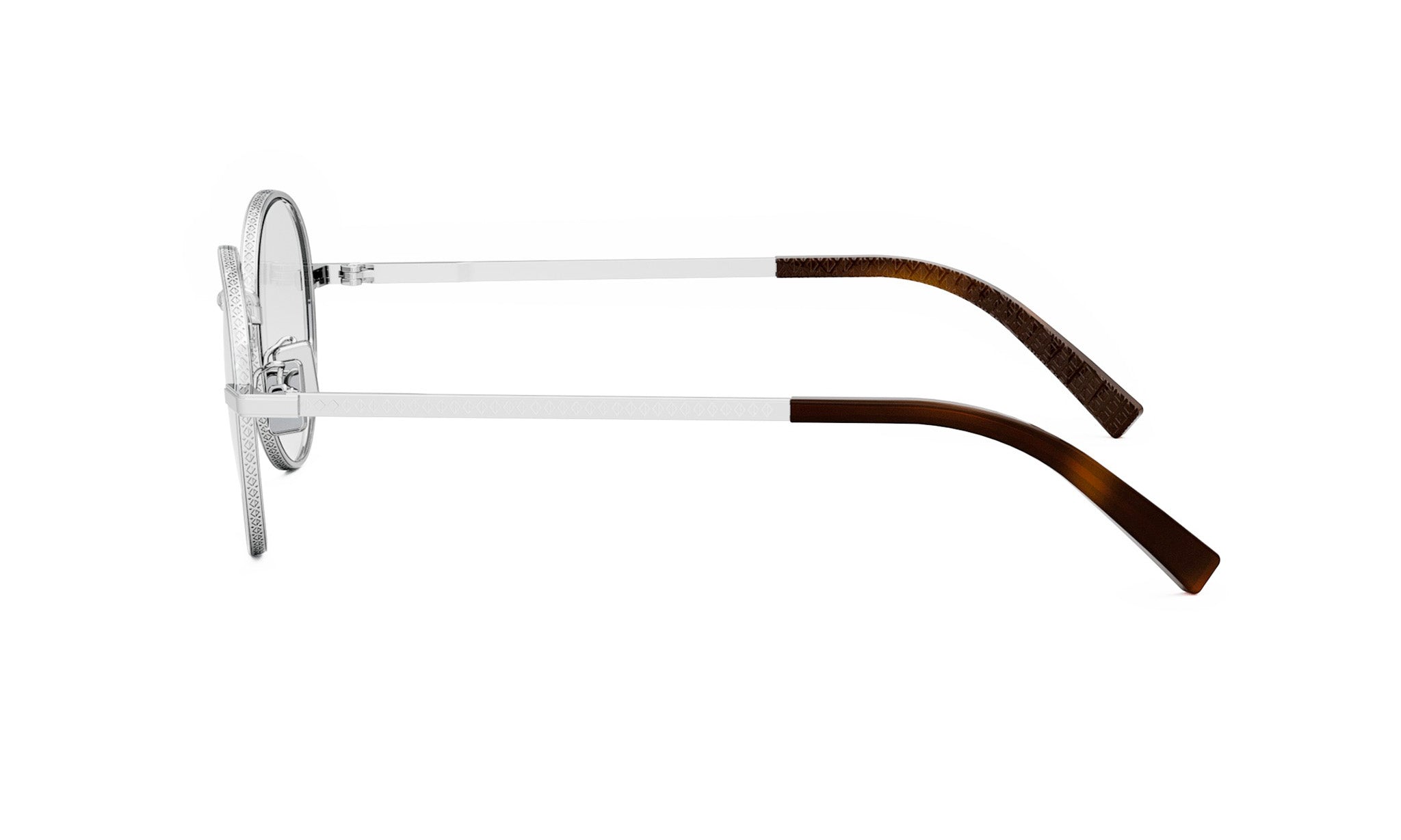 A pair of silver-framed sunglasses with brown wooden arms.