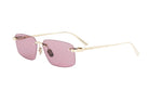A pair of gold-colored sunglasses with purple lenses.