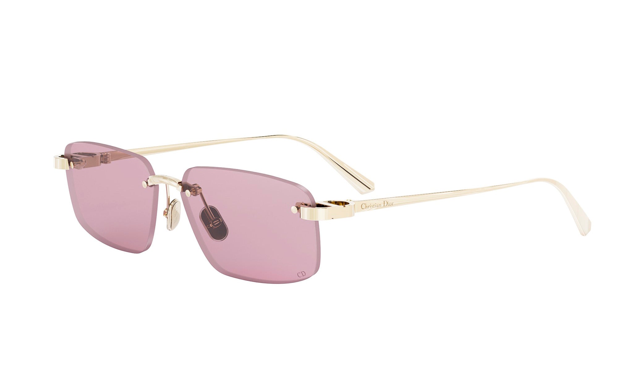 A pair of gold-colored sunglasses with purple lenses.