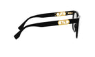 A pair of black-framed sunglasses with gold accents and a logo on the temples.