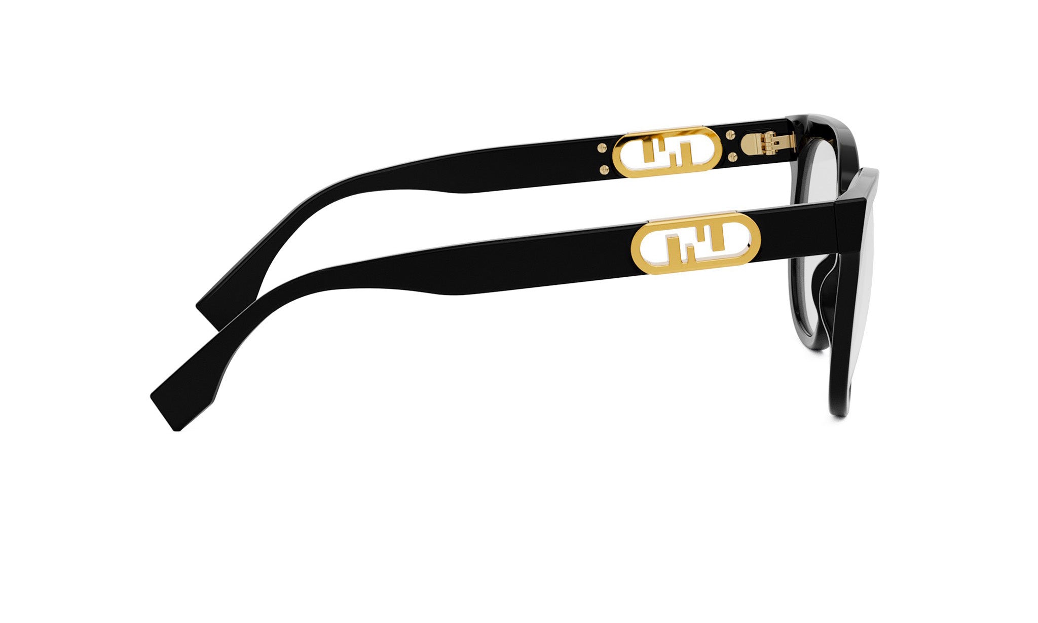 A pair of black-framed sunglasses with gold accents and a logo on the temples.