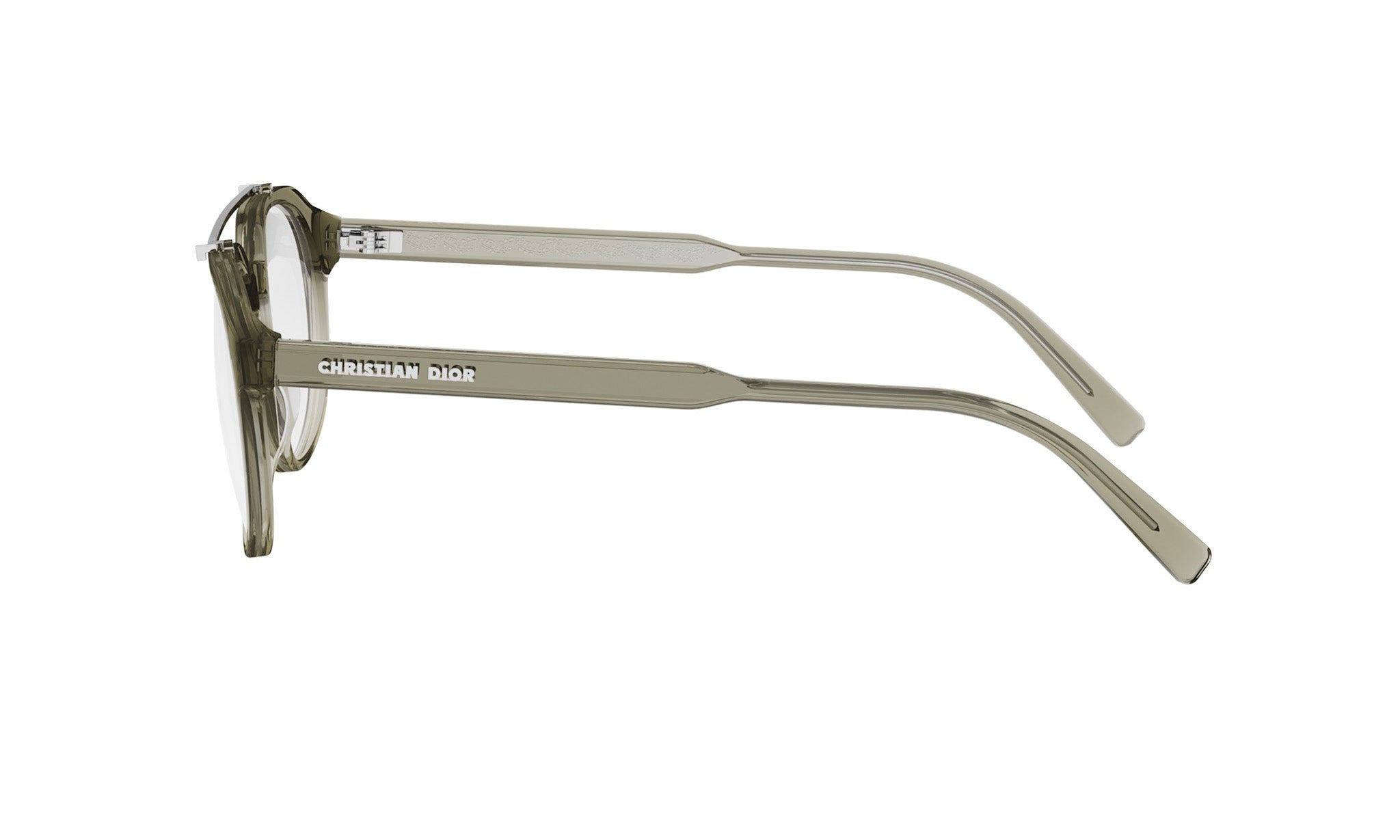 A pair of round-framed glasses with a dark gray frame and the brand name "Christian Dior" printed on the side.