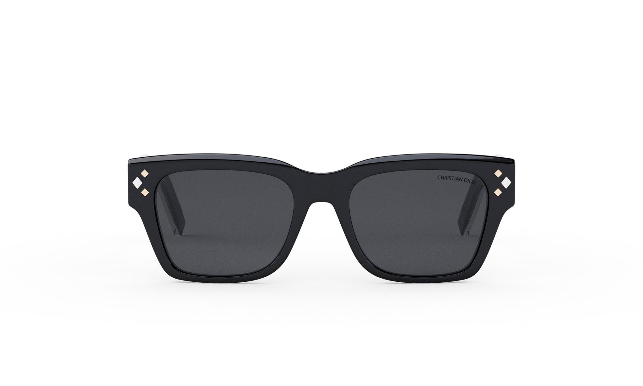 A pair of black sunglasses with diamond-shaped embellishments on the sides.