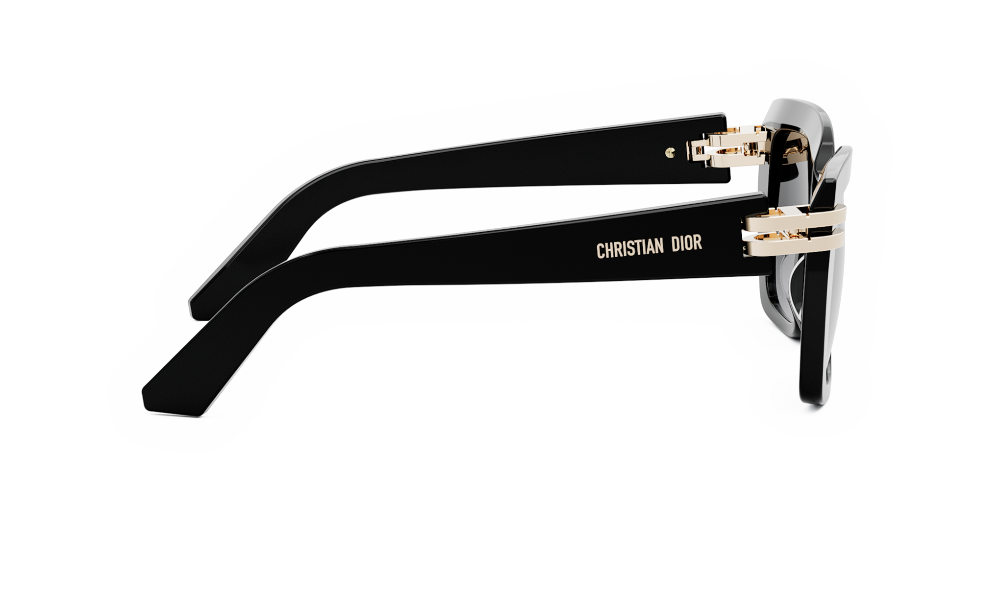 A pair of black sunglasses with gold accents, featuring the brand name "CHRISTIAN DIOR" on the frame.