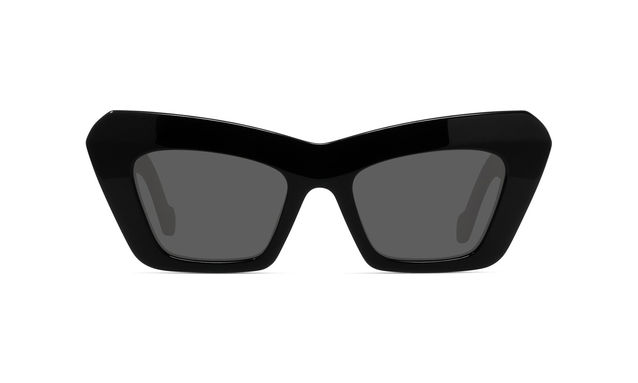 A pair of black cat-eye sunglasses with dark lenses.