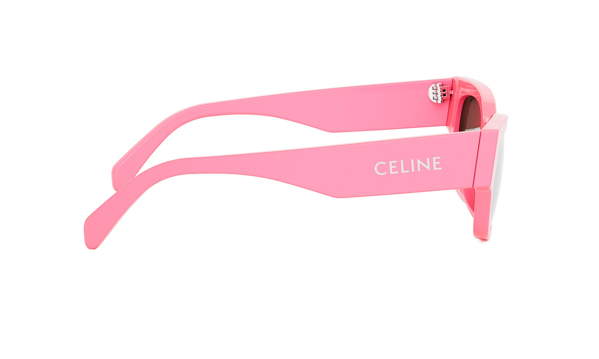 A pair of pink sunglasses with the word "Celine" written on the frame.