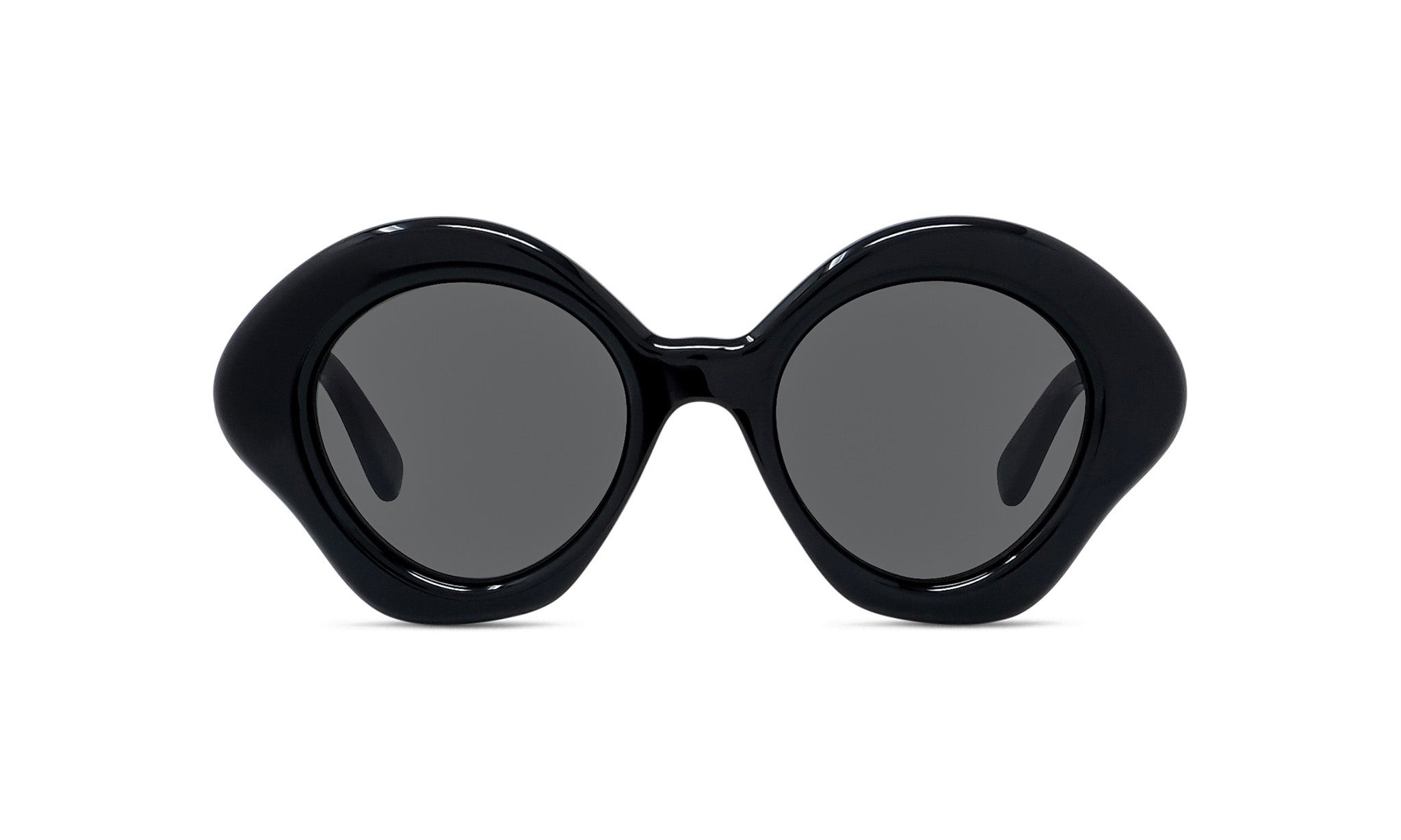 A pair of black, round sunglasses with dark lenses.