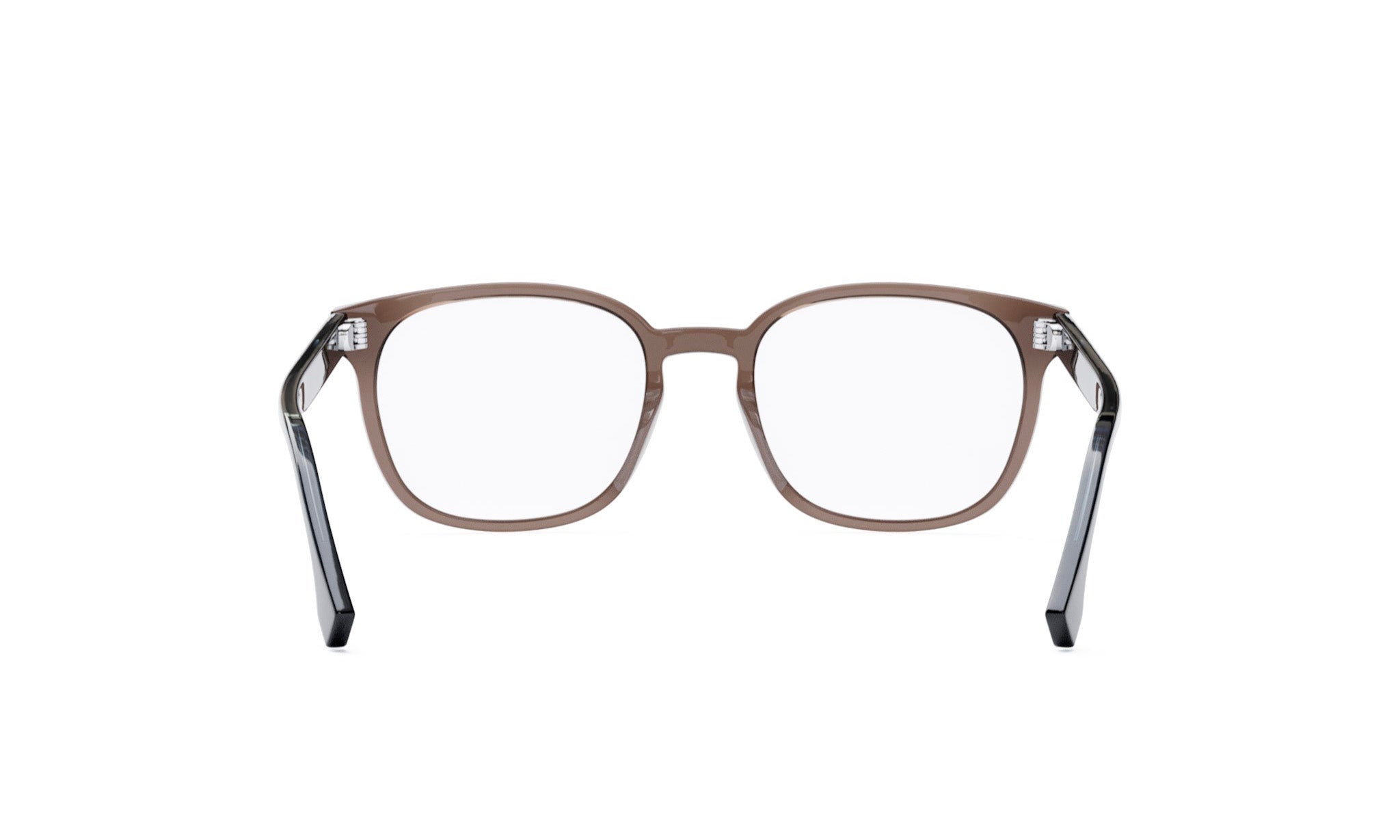 A pair of brown-framed glasses with clear lenses, shown from the back view.