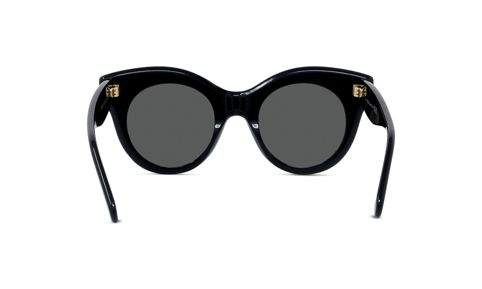 A pair of black cat-eye sunglasses with dark lenses.