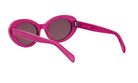 A pair of pink sunglasses with dark lenses.