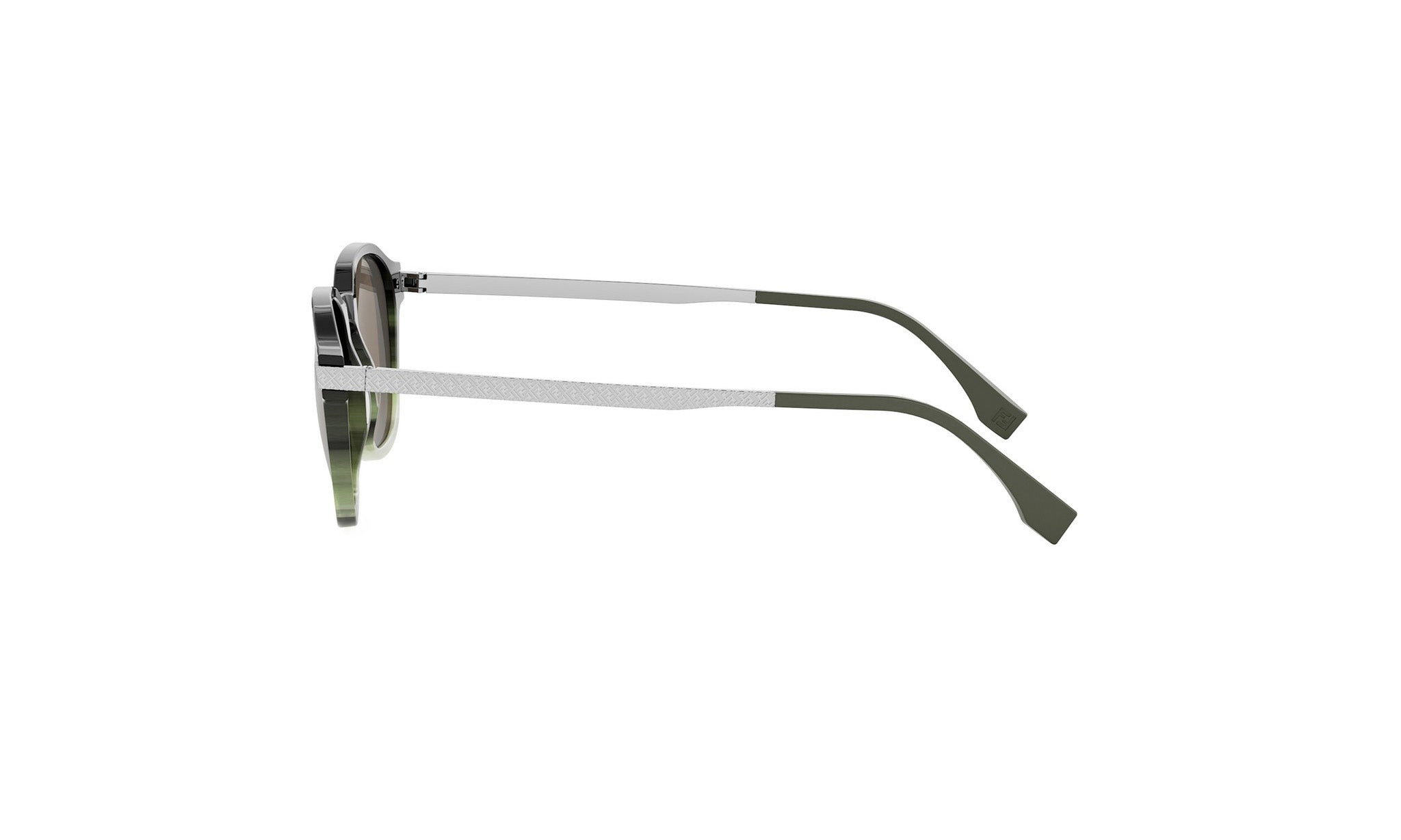 A pair of dark green-framed sunglasses with white accents, positioned side by side against a white background.