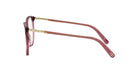 A pair of red-tinted eyeglasses with gold-colored metal accents.