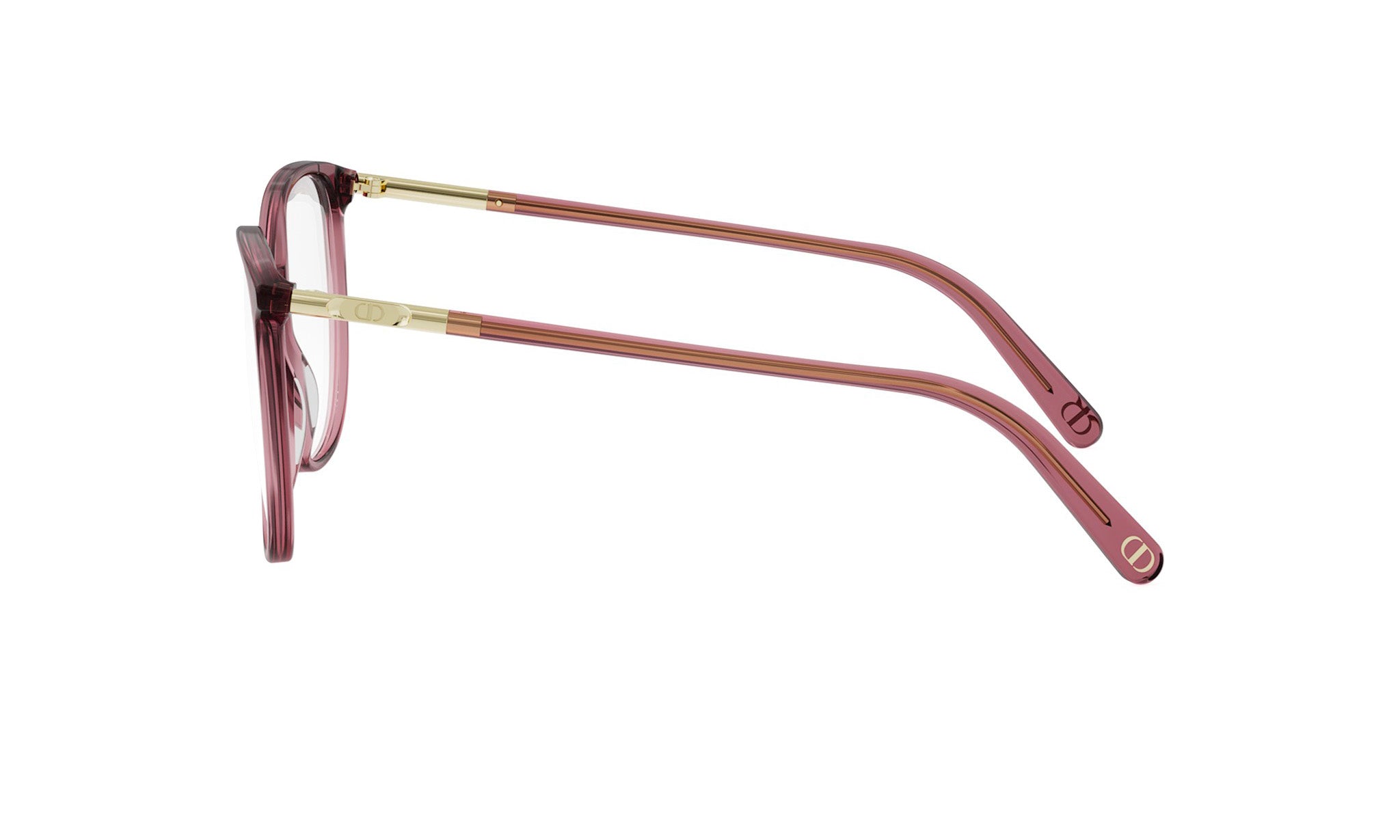 A pair of red-tinted eyeglasses with gold-colored metal accents.