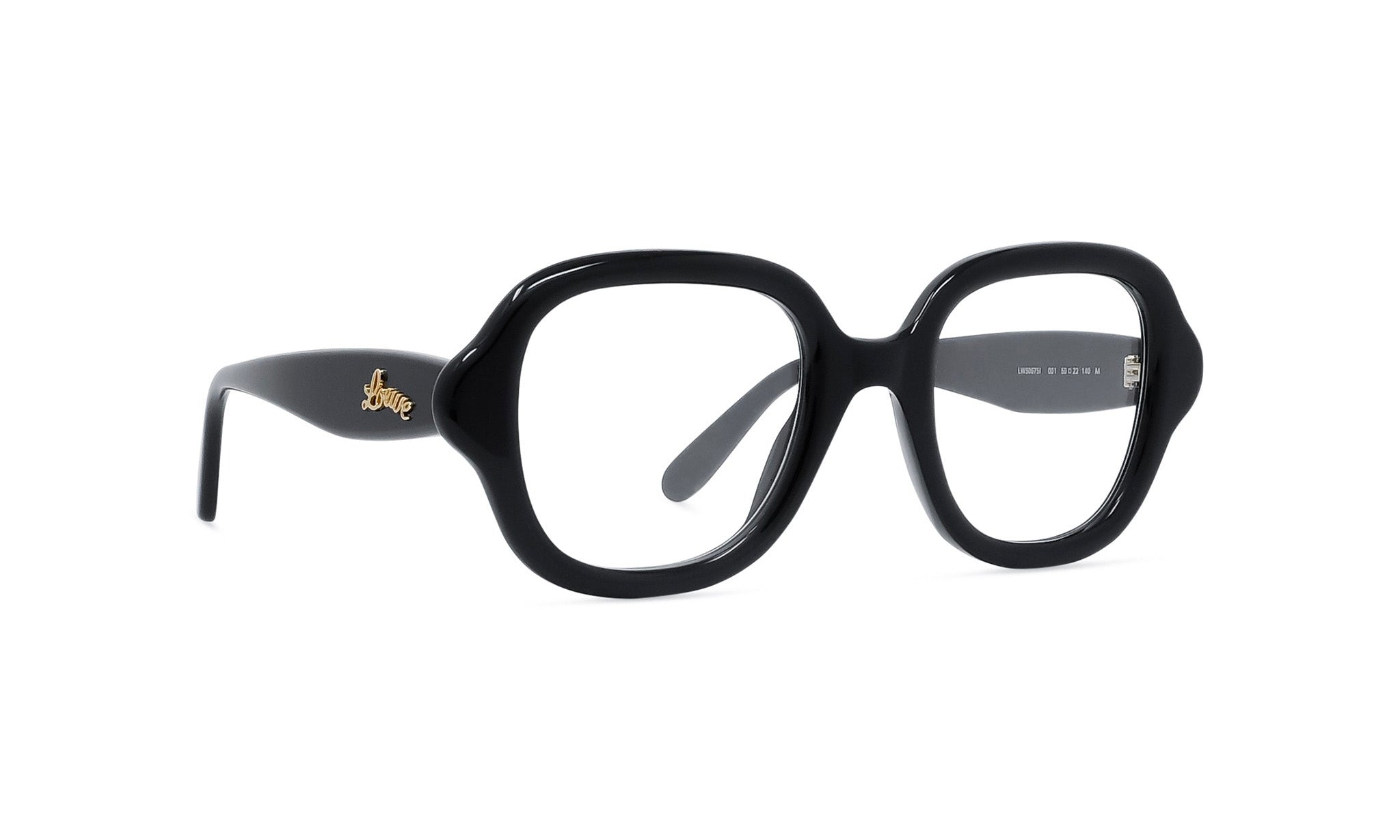 A pair of black-framed glasses with a gold logo on the temples.