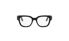 A pair of black-framed glasses with gold-colored accents.