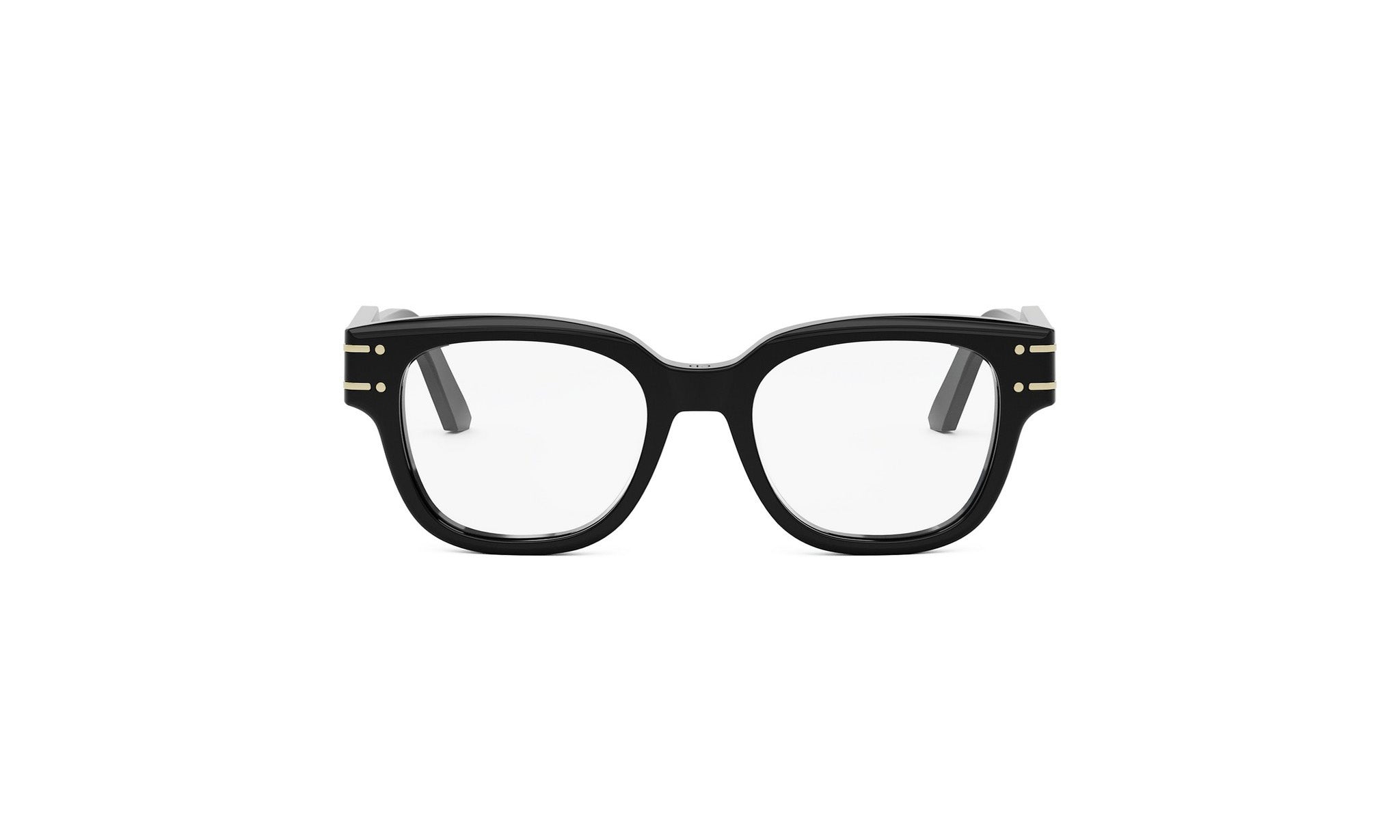 A pair of black-framed glasses with gold-colored accents.