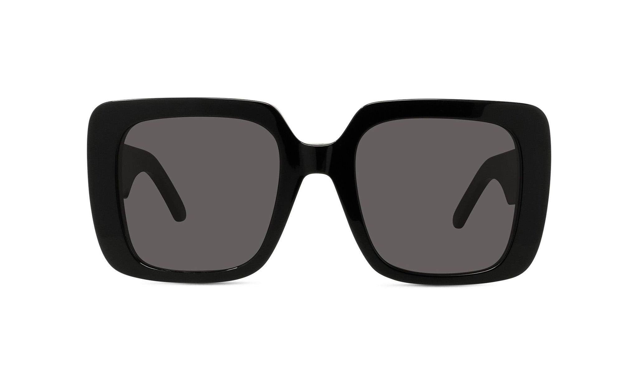 A pair of black square-framed sunglasses with dark lenses.