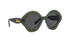 A pair of green-framed sunglasses with dark lenses.