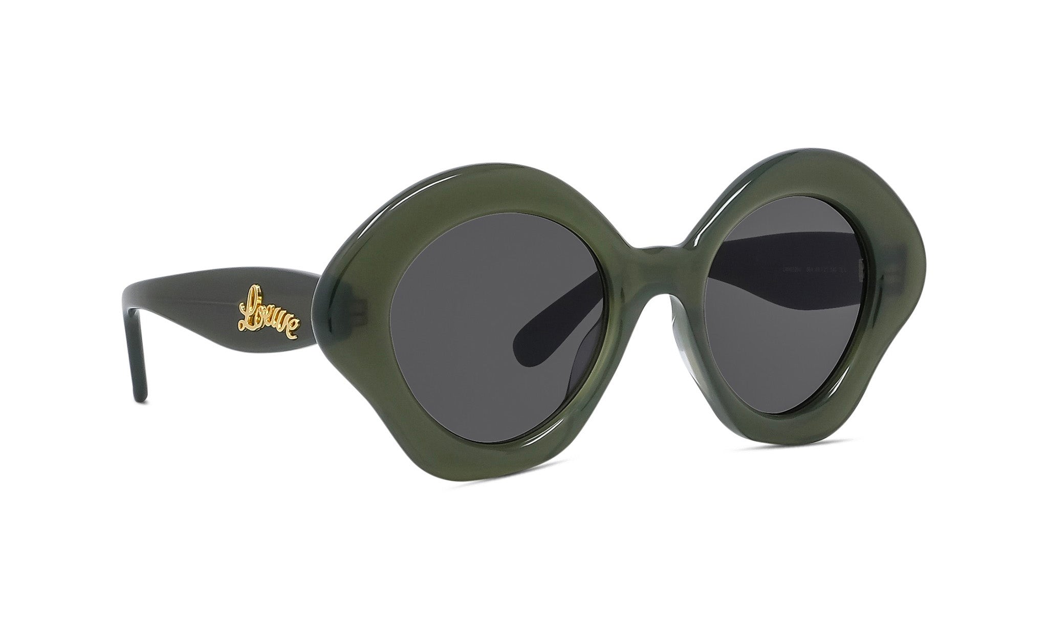 A pair of green-framed sunglasses with dark lenses.
