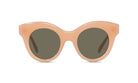 A pair of peach-colored sunglasses with dark green lenses.