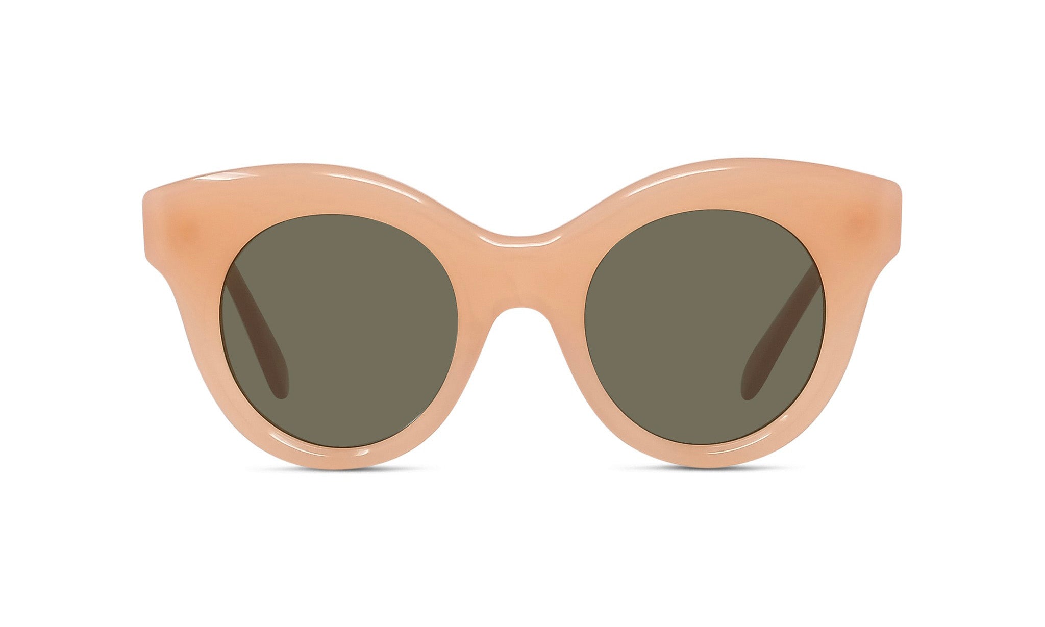 A pair of peach-colored sunglasses with dark green lenses.