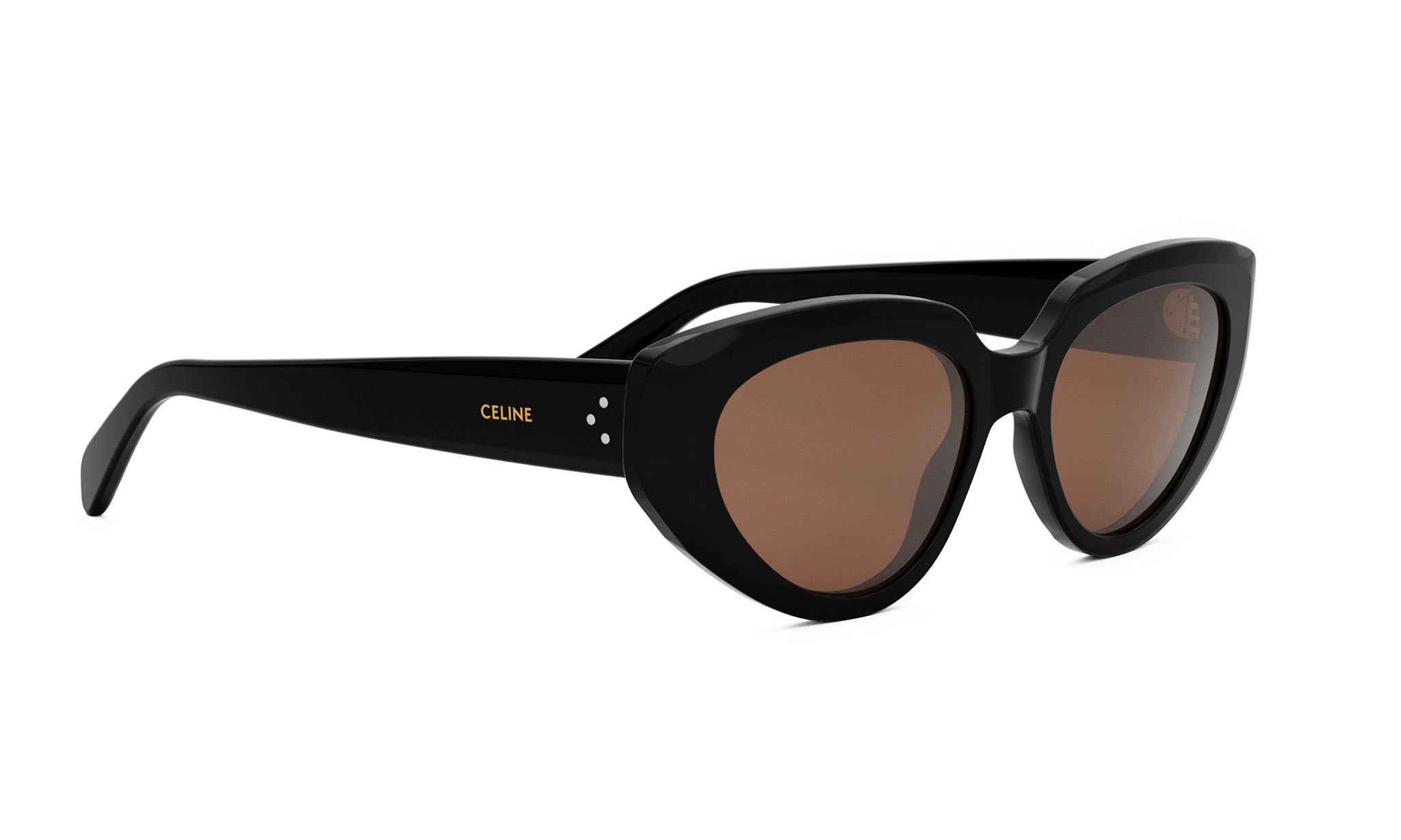 A pair of black cat-eye sunglasses with brown lenses.