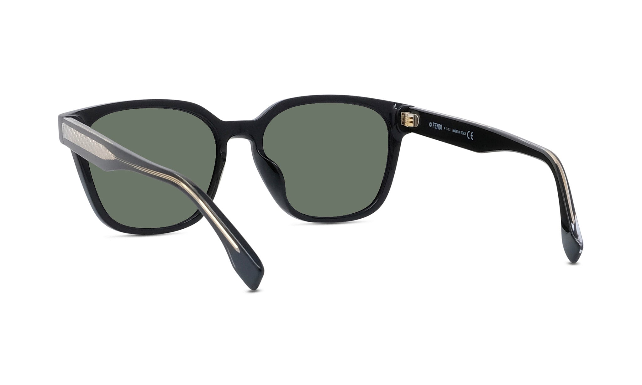 A pair of black sunglasses with green lenses.