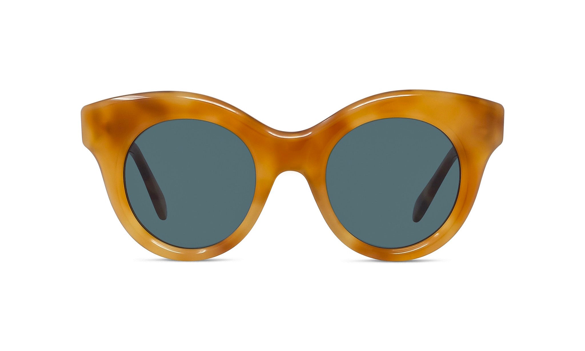 A pair of stylish sunglasses with a tortoiseshell frame and dark blue lenses.
