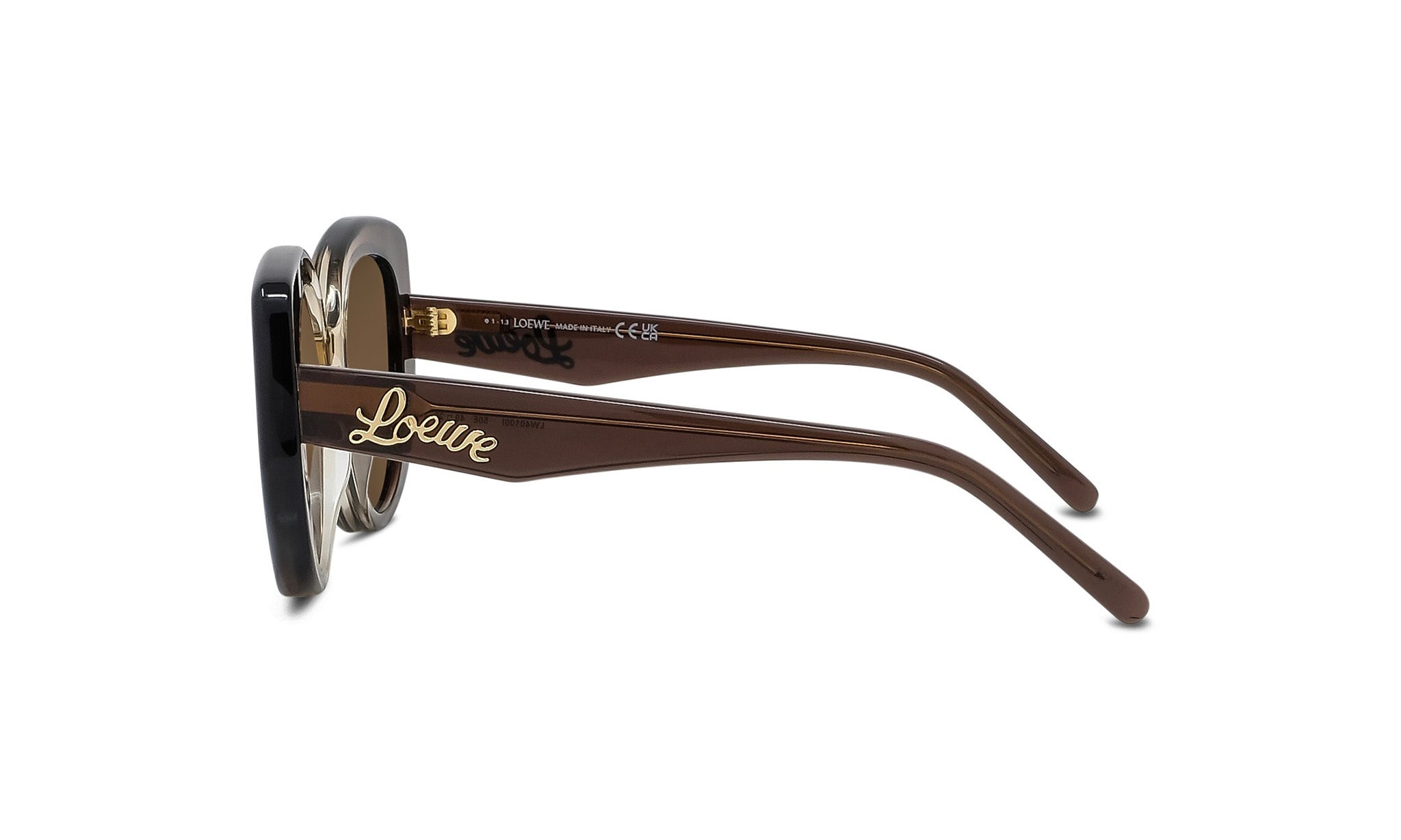 A pair of brown sunglasses with the word "Loise" engraved on the frame.