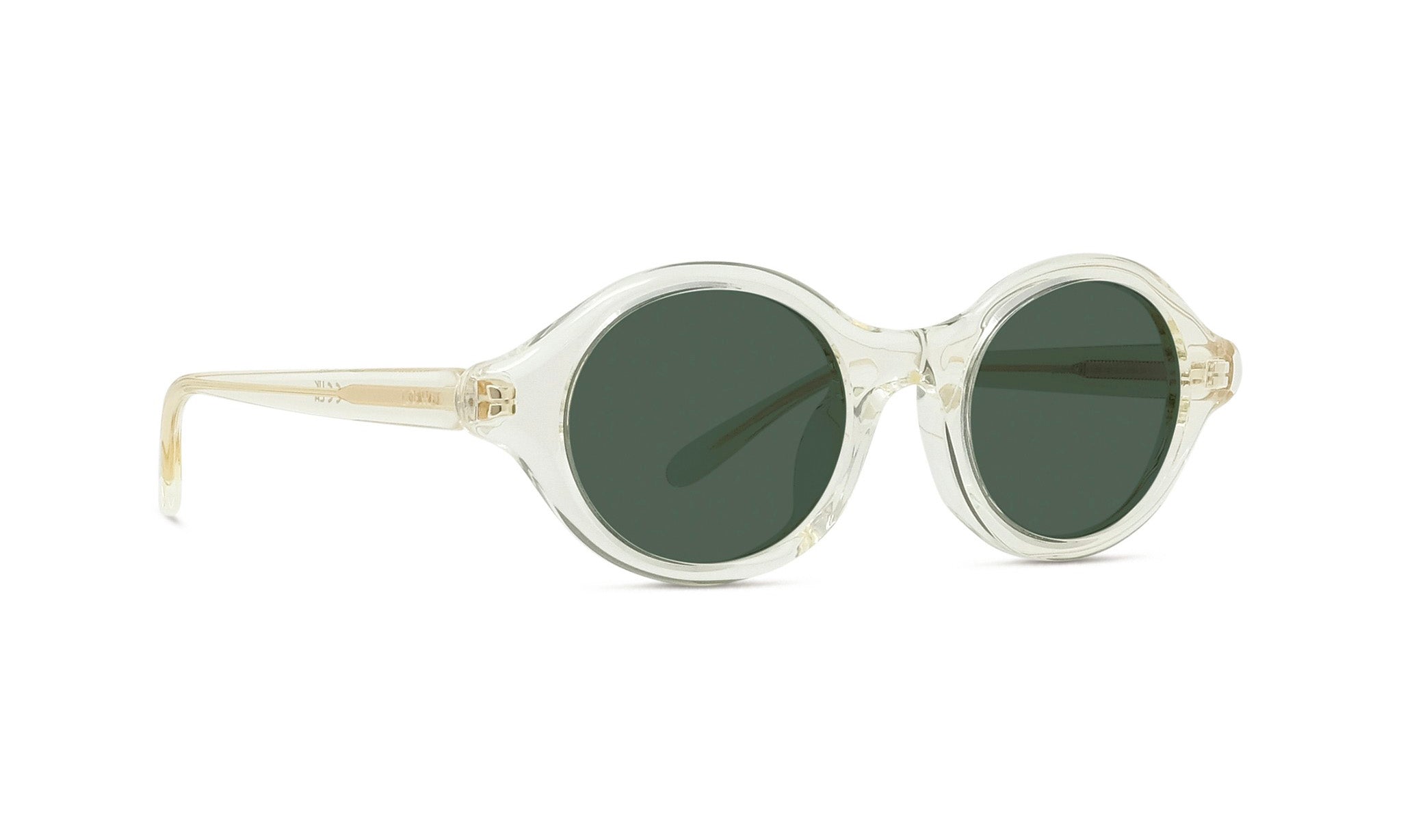 A pair of clear sunglasses with dark green lenses.
