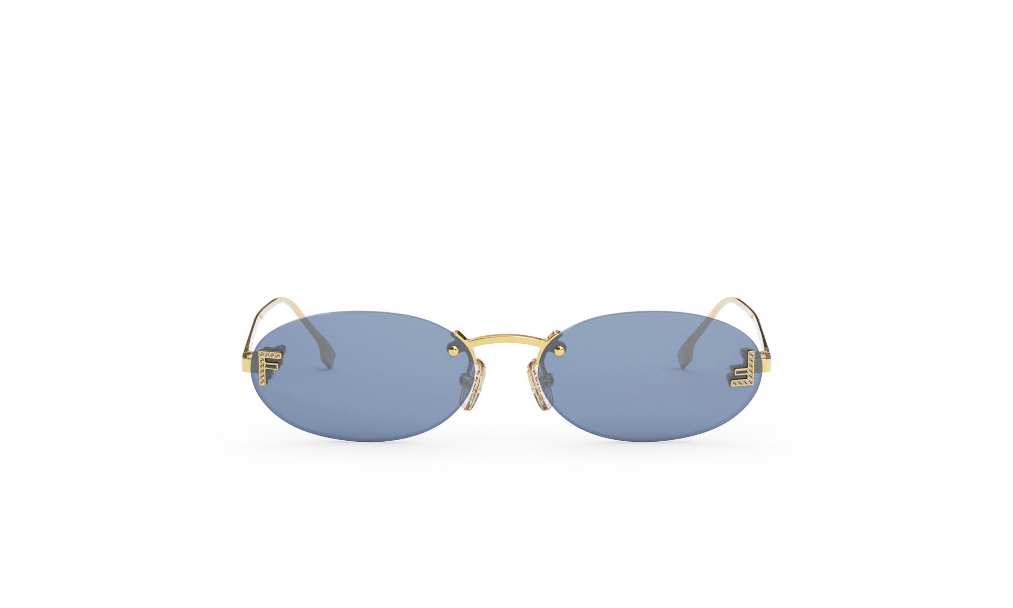 A pair of oval-shaped sunglasses with gold-colored frames and dark blue lenses.