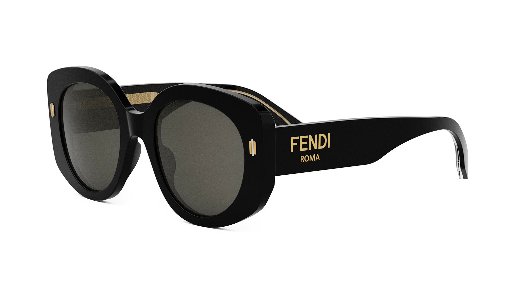 A pair of black Fendi sunglasses with gold accents.