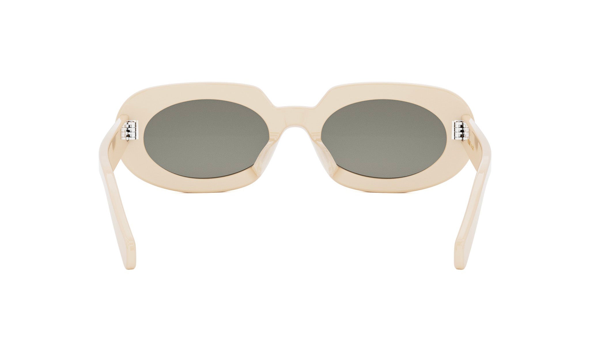 A pair of white, oval-shaped sunglasses with dark lenses.