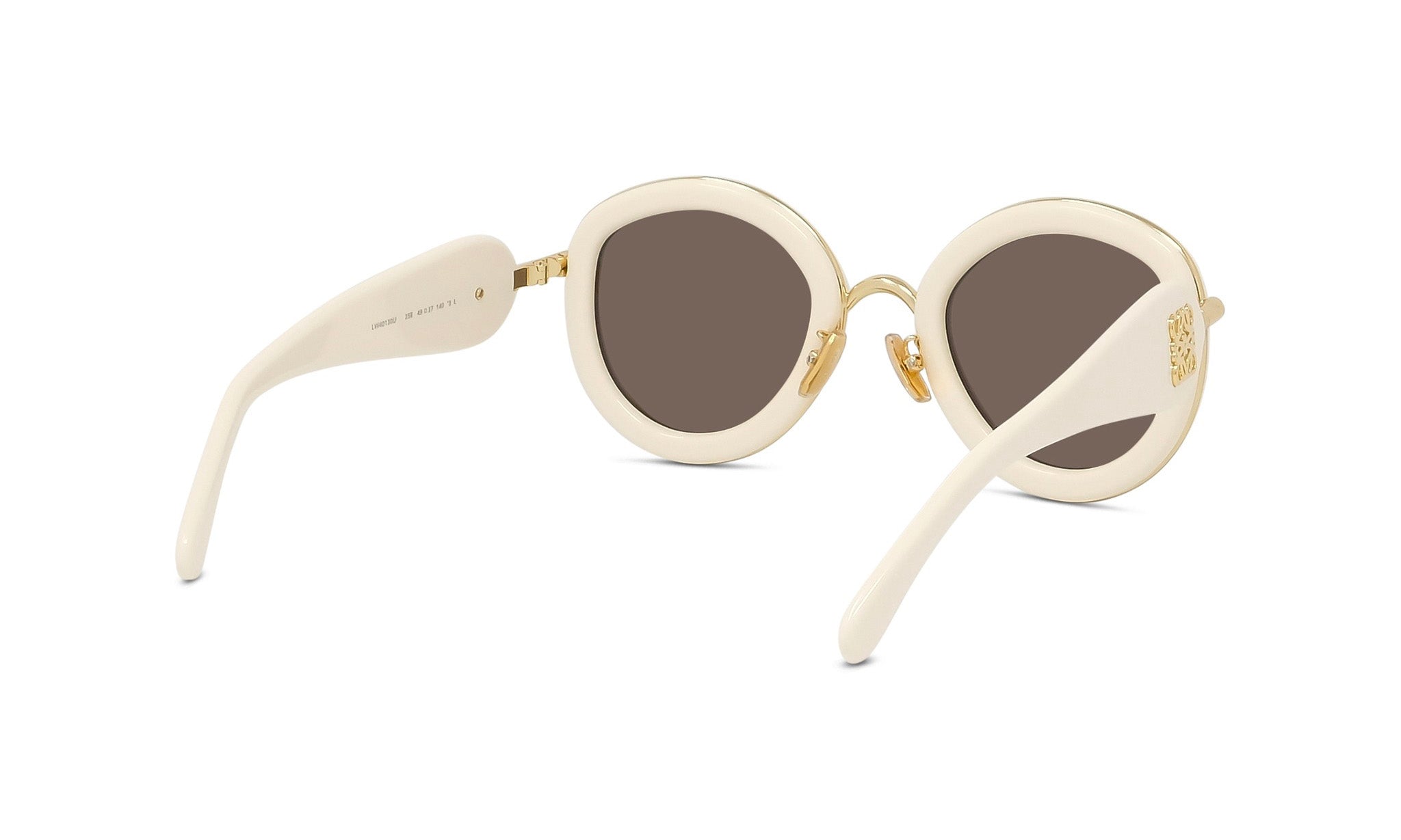 A pair of white, round sunglasses with gold accents.