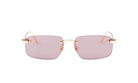 A pair of pink-tinted rectangular-framed sunglasses with gold accents.