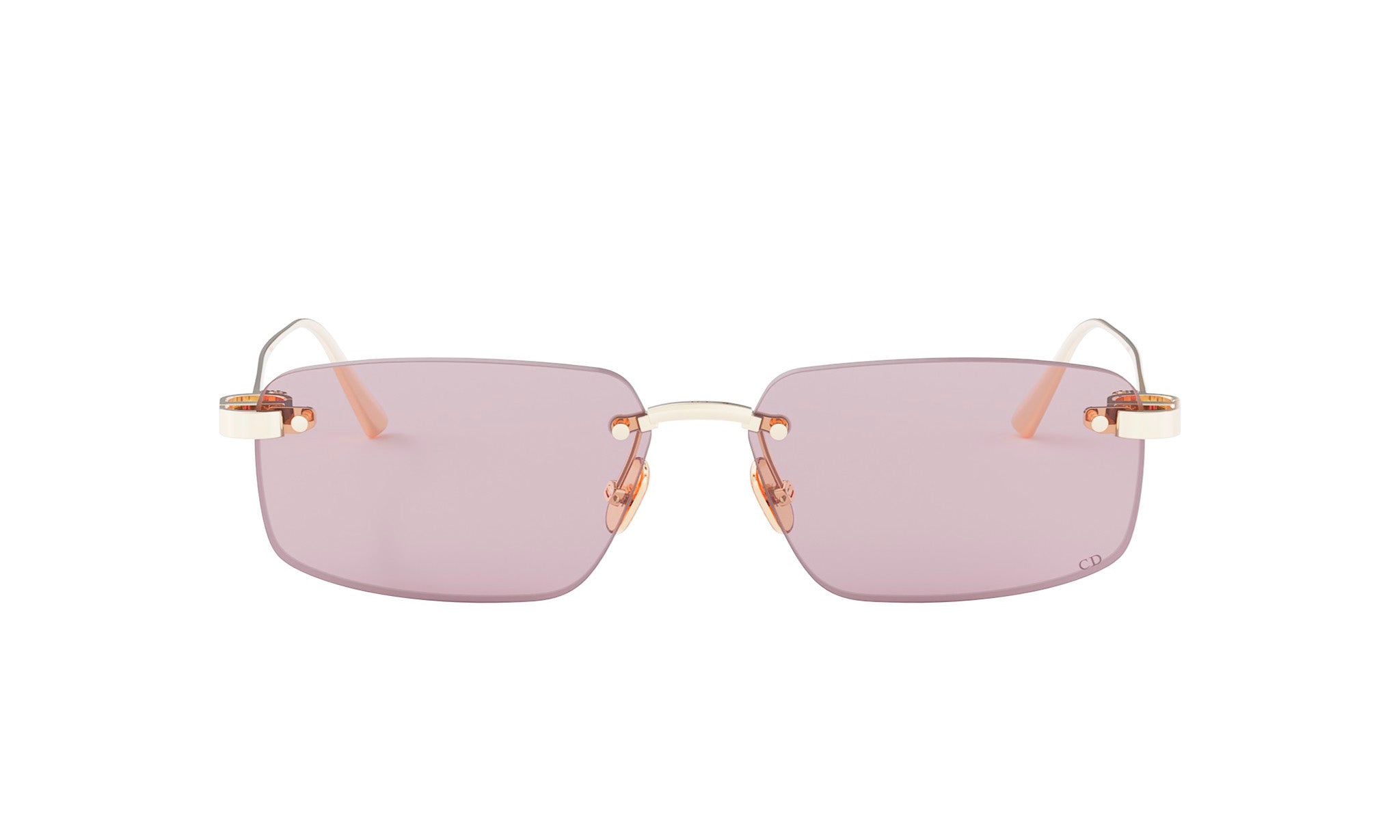 A pair of pink-tinted rectangular-framed sunglasses with gold accents.