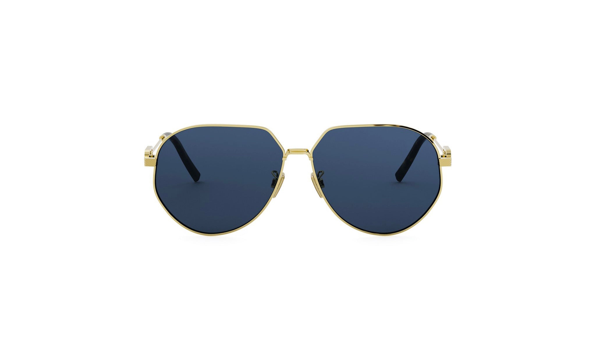 A pair of gold-framed aviator sunglasses with dark blue lenses.