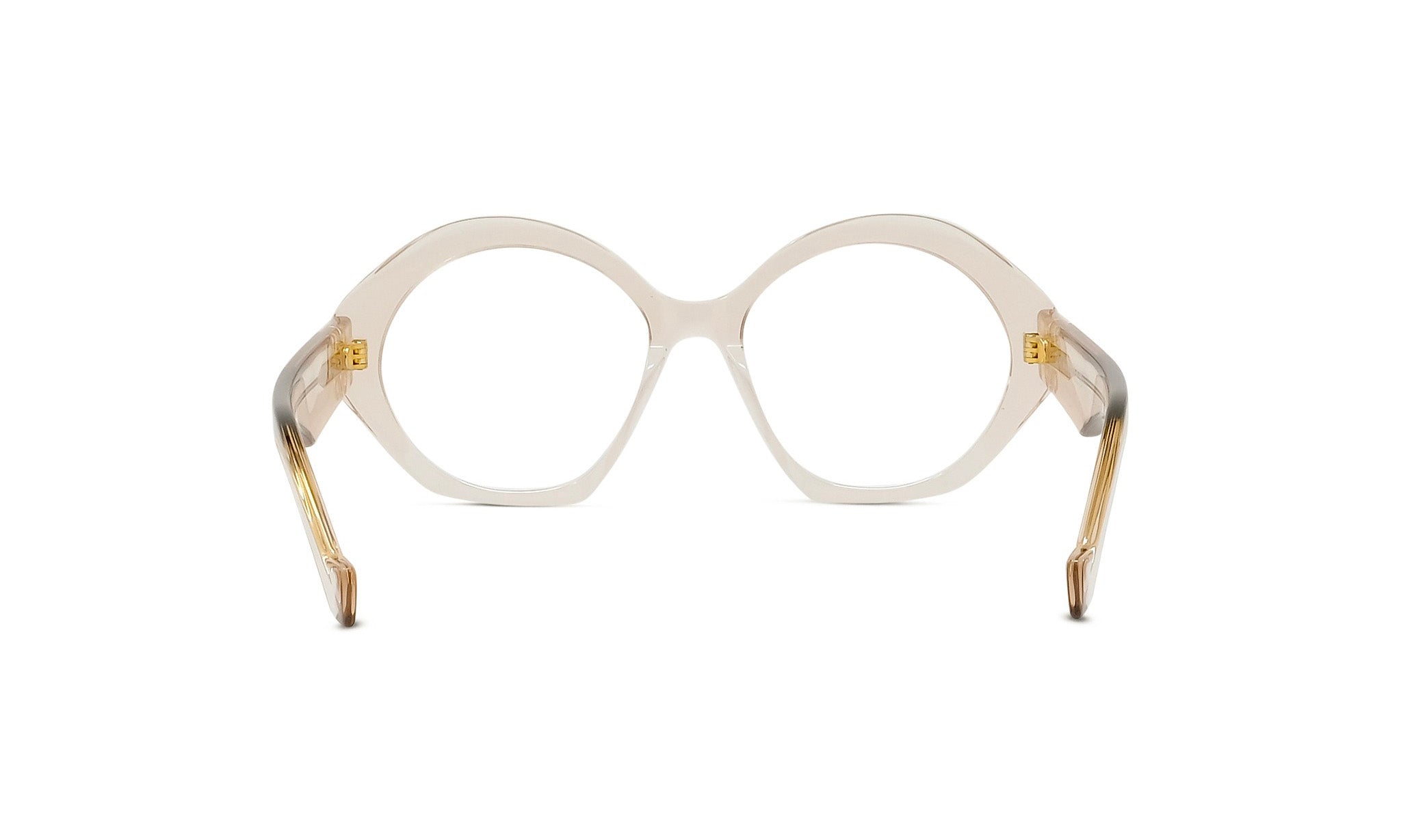 A pair of white, round-framed glasses with gold accents.
